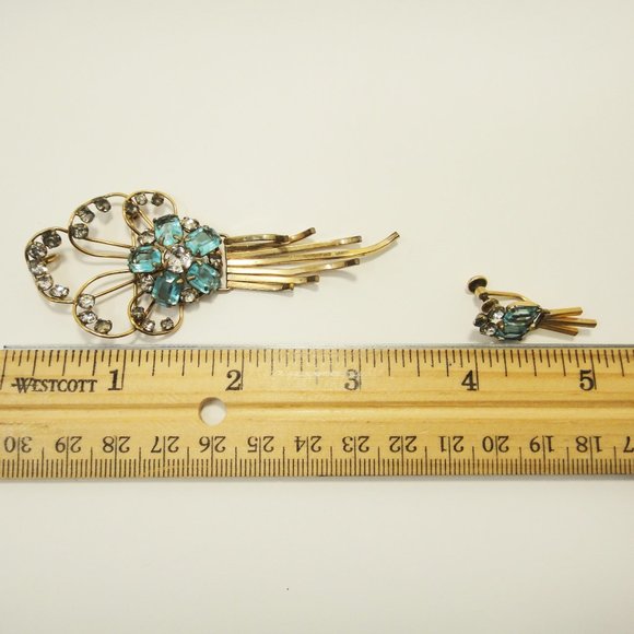 Vtg 12K GF Aqua Rhinestone Pin Pendant Earring M&S - Picture 9 of 10